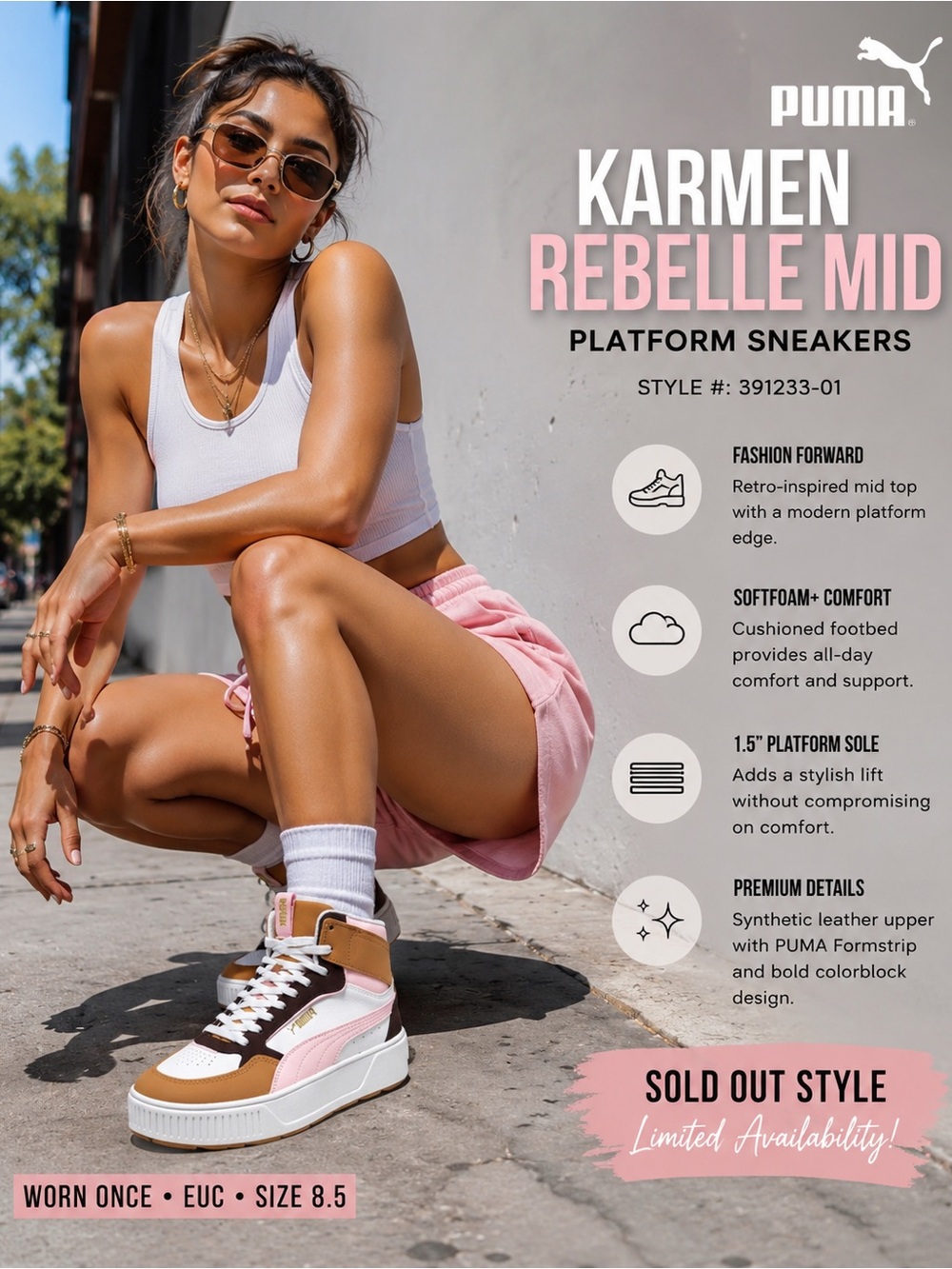 PUMA Karmen Rebelle Mid Platform Sneakers Women’s 8.5 Pink Brown EUC